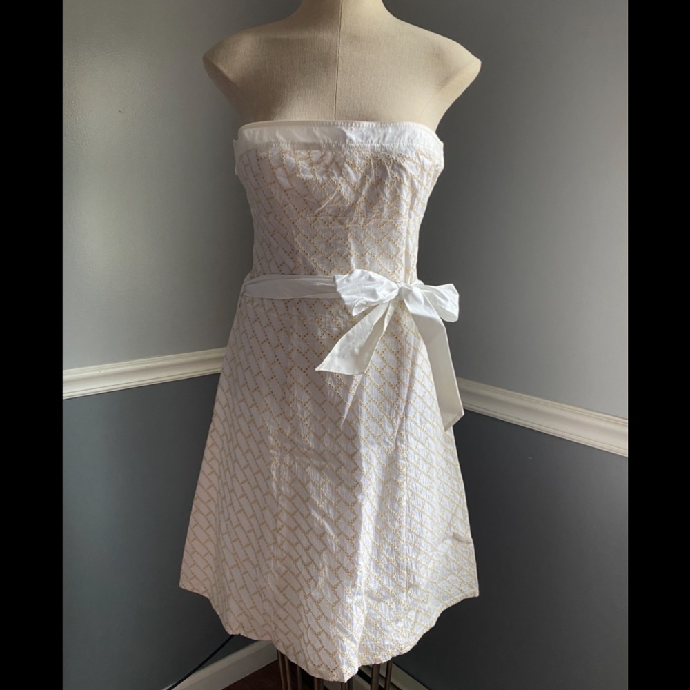 BCBGirls strapless white dress w/tan embroidery